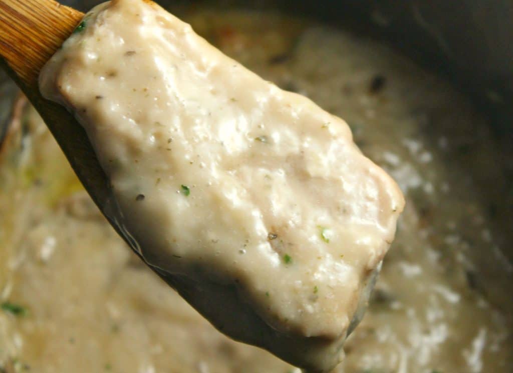 Close up of a gravy covered pork chop.