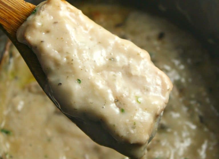 Close up of a gravy covered pork chop.