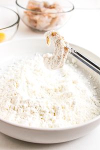 Shrimp coated in cornstarch again for a second layer.