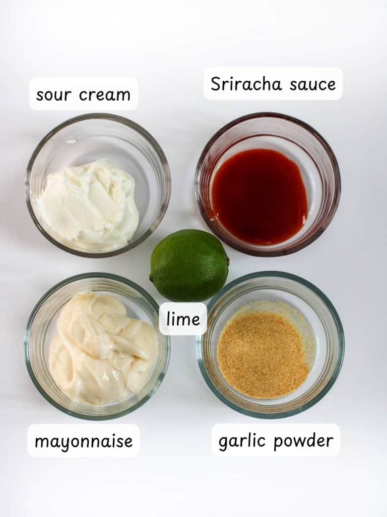 Sauce ingredients with labels for shrimp tacos.