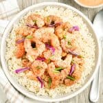 Overhead view of Bang Bang shrimp served on rice.