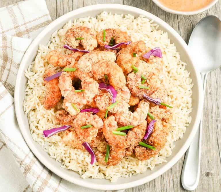 Overhead view of Bang Bang shrimp served on rice.