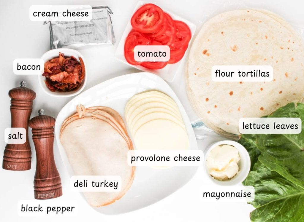 Ingredients with labels for Turkey Clubhouse Pinwheels.