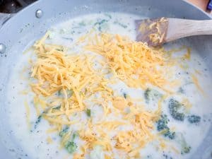 Shredded cheddar added to broccoli soup.