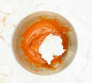 Pumpkin mixture with cream cheese added for filling.