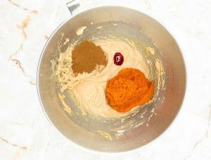 Pumpkin puree, spices, and vanilla added to the bowl.