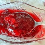 Spoonful of thick homemade cranberry sauce in a glass dish.